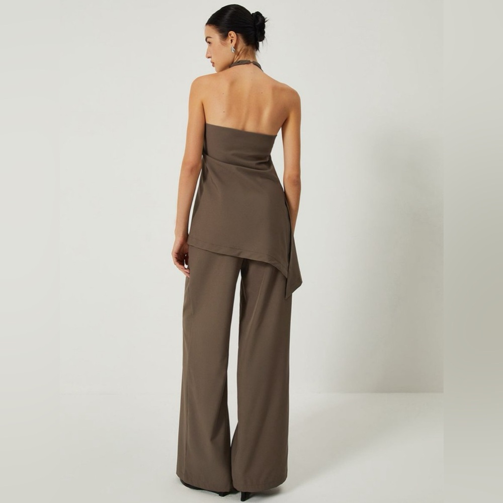 Assymetrical co ord halter pant set in brown